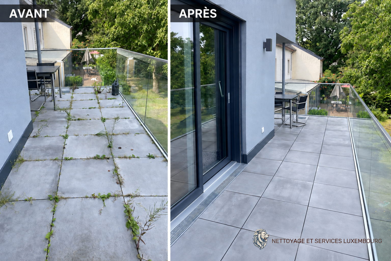 Terrasse avant et après désherbage, lavage du sol et nettoyage des vitres par NS-LUX